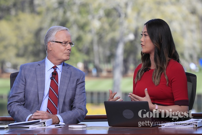 미셸 위가 미국프로골프(PGA) 투어 플레이어스 챔피언십 연습 라운드 중 골프채널 스튜디오에서 해설을 하고 있다.