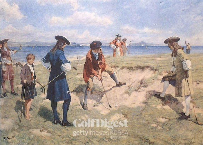 최초의 국제적 ‘포섬(Foursome)’이라는 이름이 붙은 앨런 스튜어트의 그림은 1682년 리스(Leith) 골프 코스에서 깃털 골프공(Feathery)으로 플레이하는 모습을 보여준다.